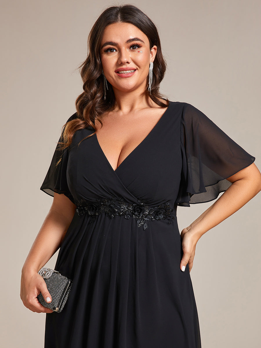 Midi Länge V-Ausschnitt A-Linie Chiffon Kleid Mit Applikationen Und Raffung Details Kleid #Farbe_Schwarz