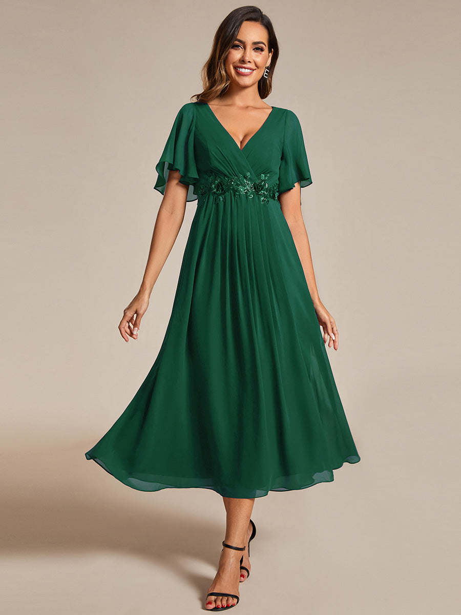 Midi Länge V-Ausschnitt A-Linie Chiffon Kleid Mit Applikationen Und Raffung Details Kleid #Farbe_Dunkelgrün