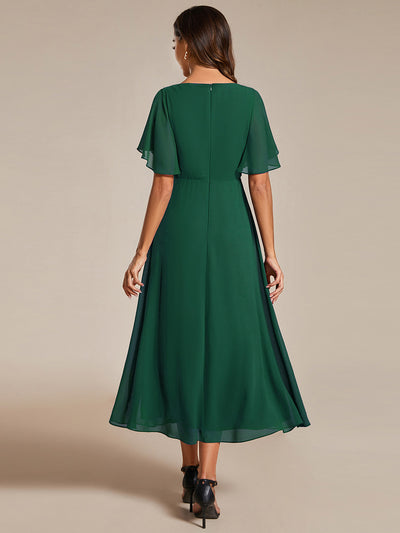 Midi Länge V-Ausschnitt A-Linie Chiffon Kleid Mit Applikationen Und Raffung Details Kleid #Farbe_Dunkelgrün