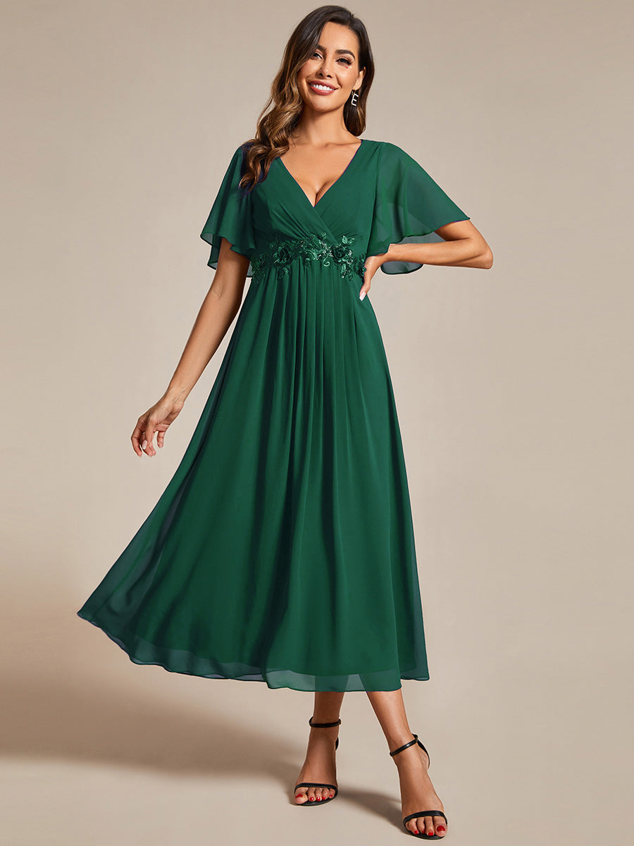 Midi Länge V-Ausschnitt A-Linie Chiffon Kleid Mit Applikationen Und Raffung Details Kleid #Farbe_Dunkelgrün
