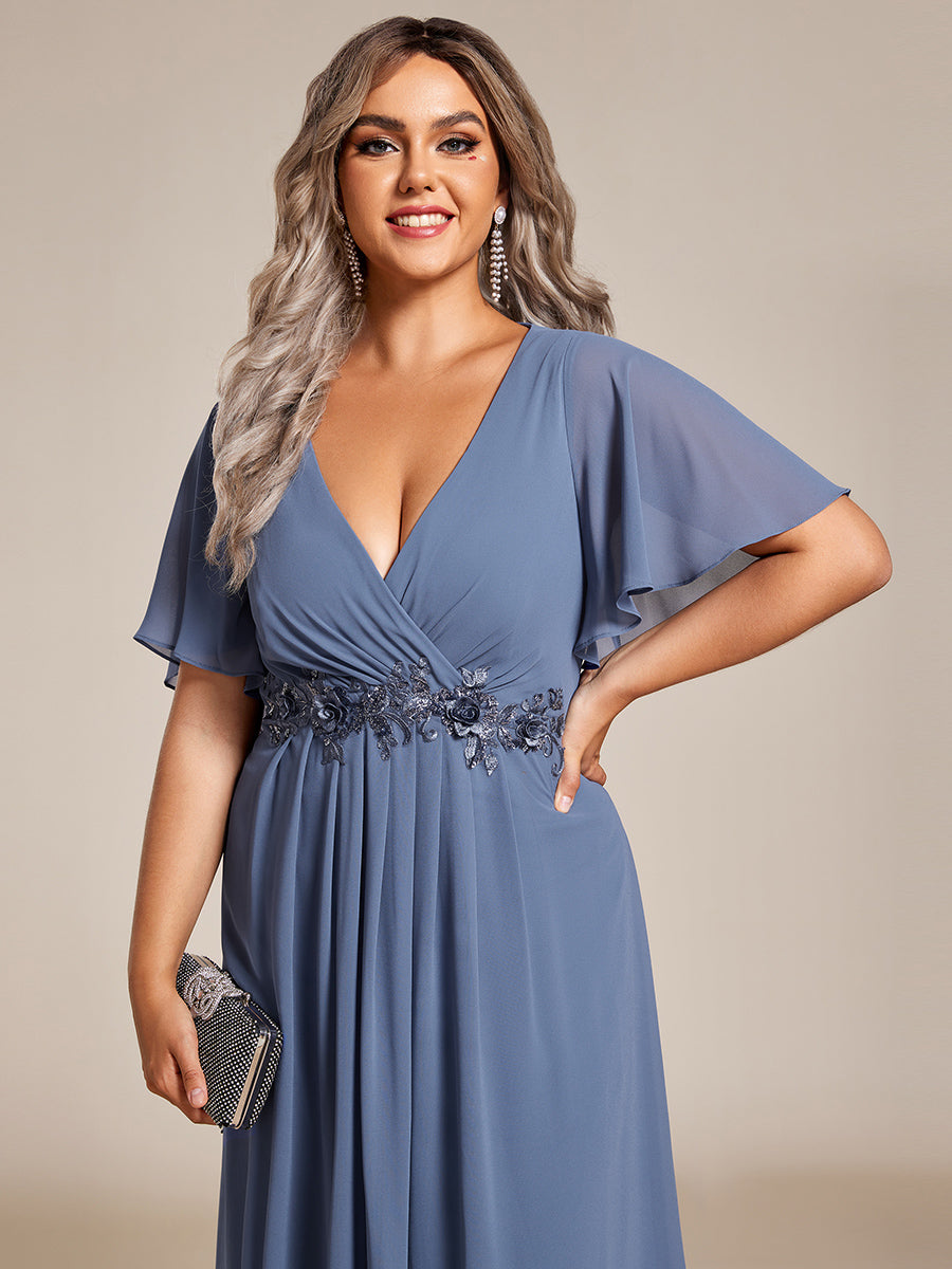 Midi Länge V-Ausschnitt A-Linie Chiffon Kleid Mit Applikationen Und Raffung Details Kleid #Farbe_Taubenblau