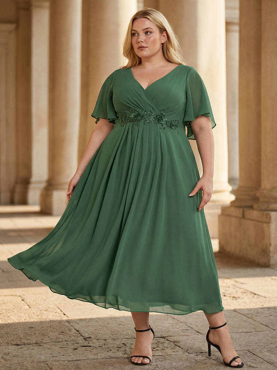 Midi Länge V-Ausschnitt A-Linie Chiffon Kleid Mit Applikationen Und Raffung Details Kleid #Farbe_Eukalyptus