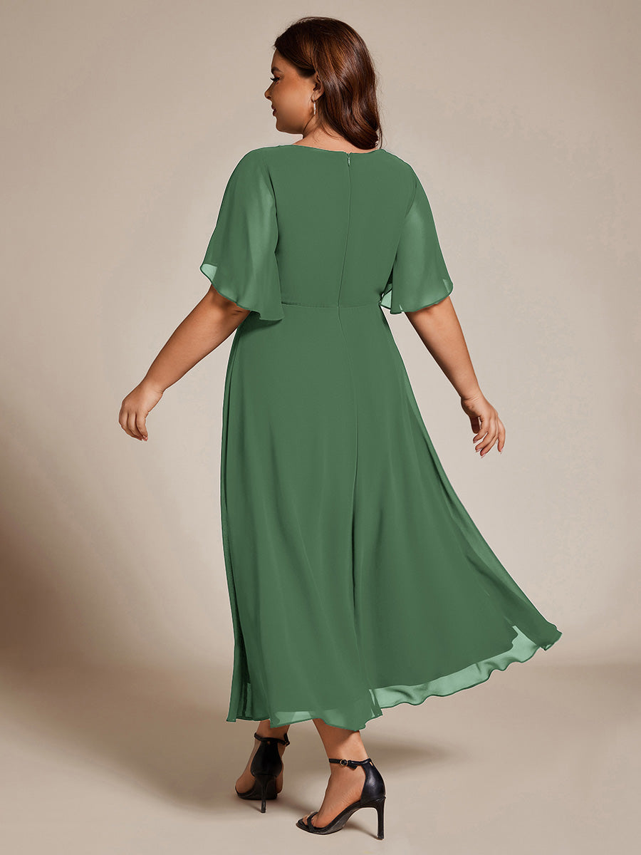 Midi Länge V-Ausschnitt A-Linie Chiffon Kleid Mit Applikationen Und Raffung Details Kleid #Farbe_Eukalyptus