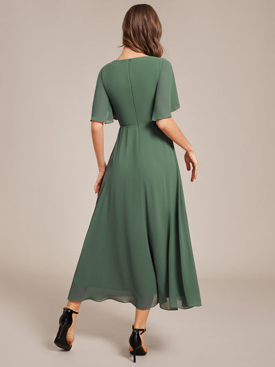 Midi Länge V-Ausschnitt A-Linie Chiffon Kleid Mit Applikationen Und Raffung Details Kleid #Farbe_Eukalyptus
