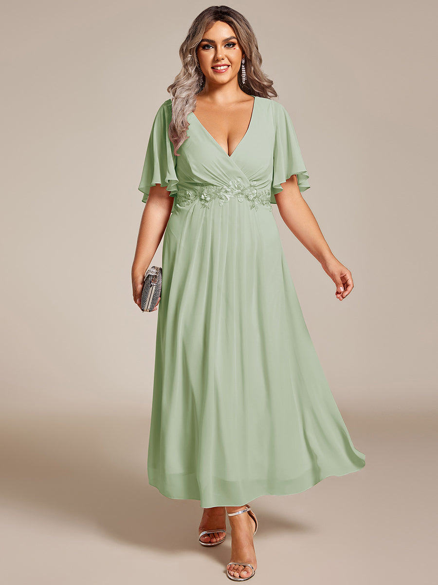 Midi Länge V-Ausschnitt A-Linie Chiffon Kleid Mit Applikationen Und Raffung Details Kleid #Farbe_Mintgrün