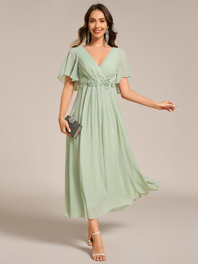Midi Länge V-Ausschnitt A-Linie Chiffon Kleid Mit Applikationen Und Raffung Details Kleid #Farbe_Mintgrün