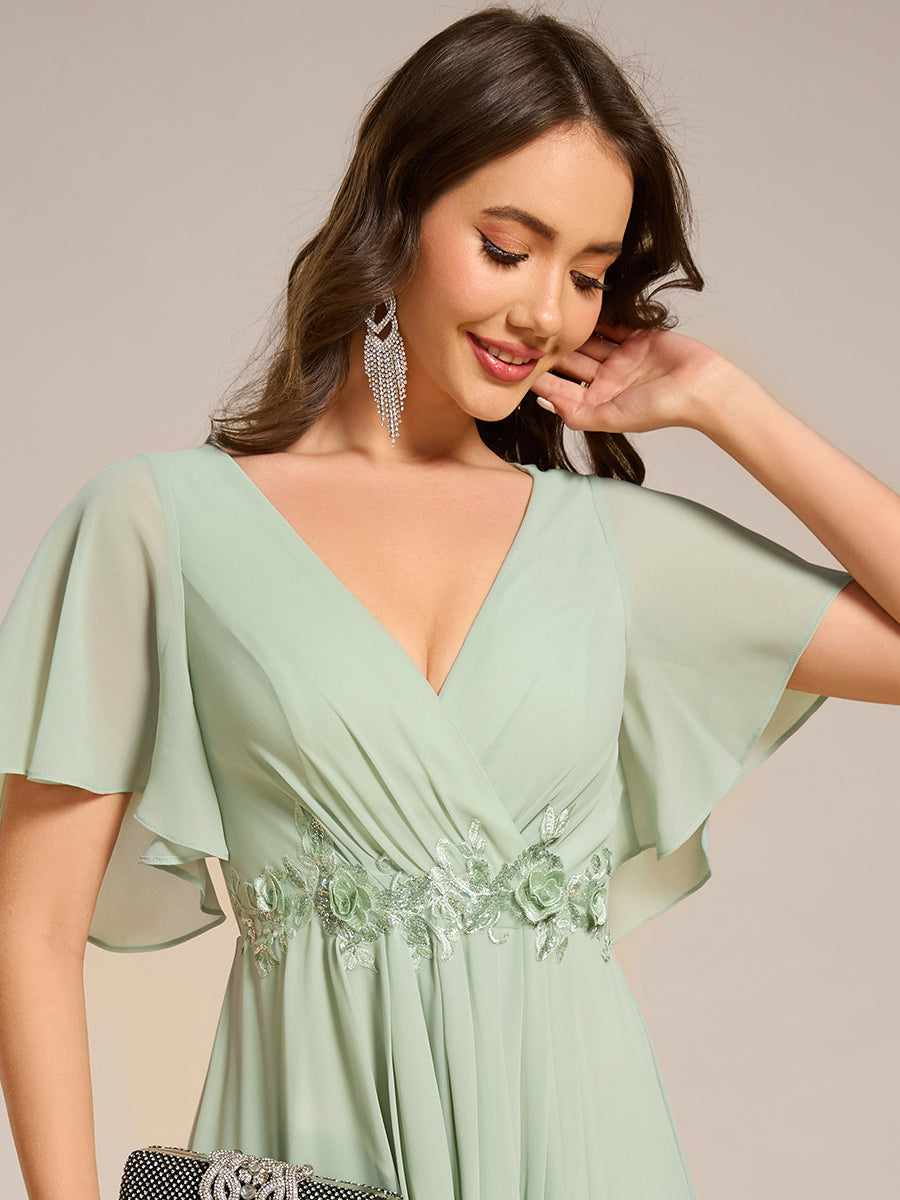 Midi Länge V-Ausschnitt A-Linie Chiffon Kleid Mit Applikationen Und Raffung Details Kleid #Farbe_Mintgrün