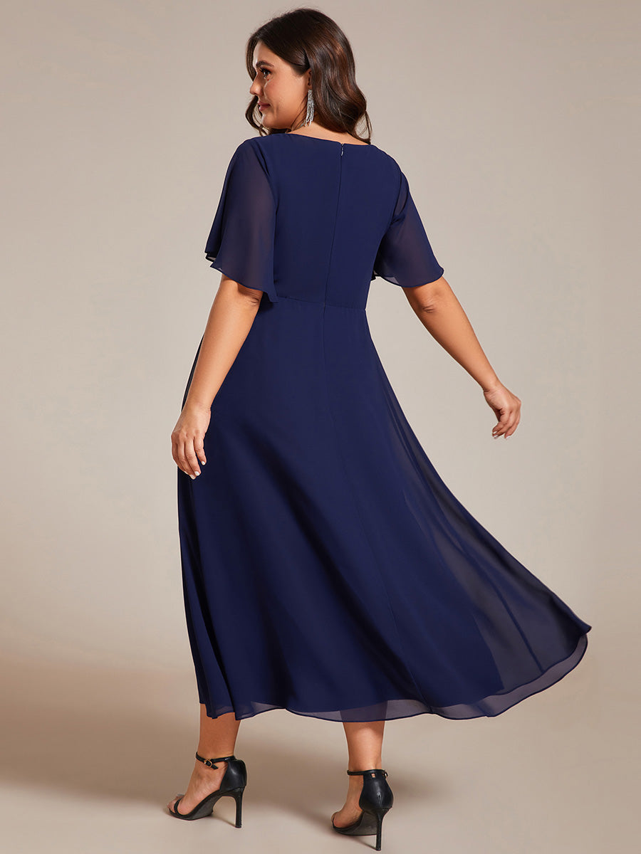 Midi Länge V-Ausschnitt A-Linie Chiffon Kleid Mit Applikationen Und Raffung Details Kleid #Farbe_Marineblau