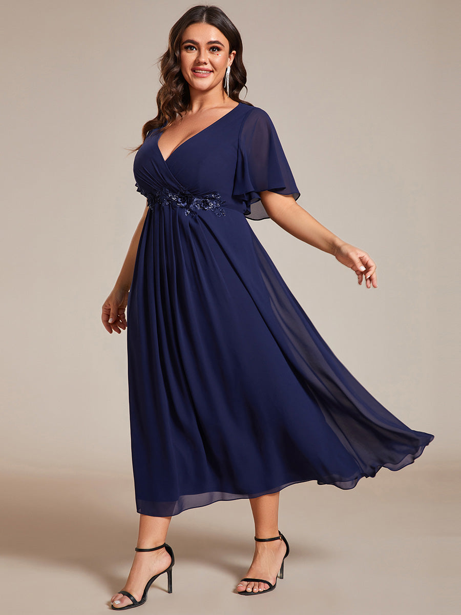 Midi Länge V-Ausschnitt A-Linie Chiffon Kleid Mit Applikationen Und Raffung Details Kleid #Farbe_Marineblau