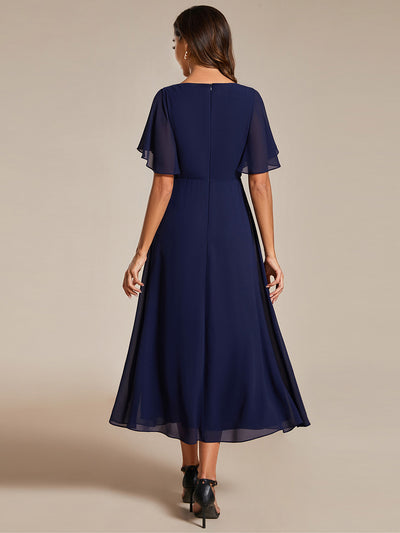 Midi Länge V-Ausschnitt A-Linie Chiffon Kleid Mit Applikationen Und Raffung Details Kleid #Farbe_Marineblau