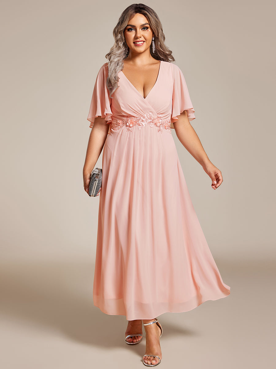Midi Länge V-Ausschnitt A-Linie Chiffon Kleid Mit Applikationen Und Raffung Details Kleid #Farbe_Pink