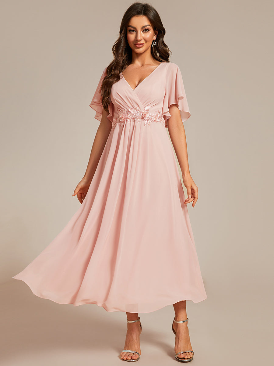 Midi Länge V-Ausschnitt A-Linie Chiffon Kleid Mit Applikationen Und Raffung Details Kleid #Farbe_Pink
