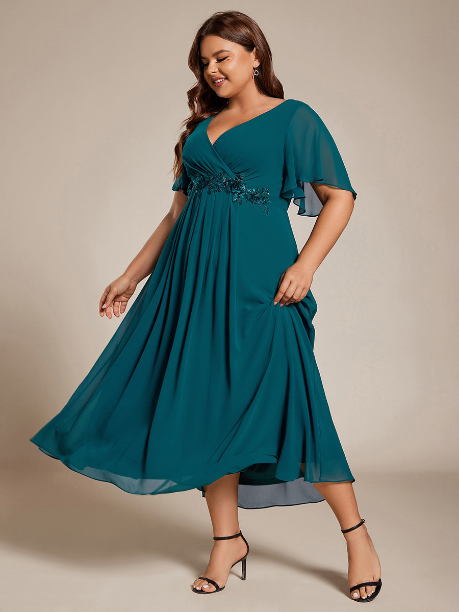 Midi Länge V-Ausschnitt A-Linie Chiffon Kleid Mit Applikationen Und Raffung Details Kleid #Farbe_Petrol