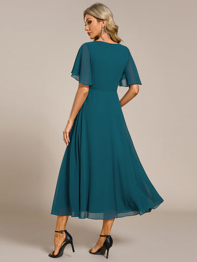 Midi Länge V-Ausschnitt A-Linie Chiffon Kleid Mit Applikationen Und Raffung Details Kleid #Farbe_Petrol