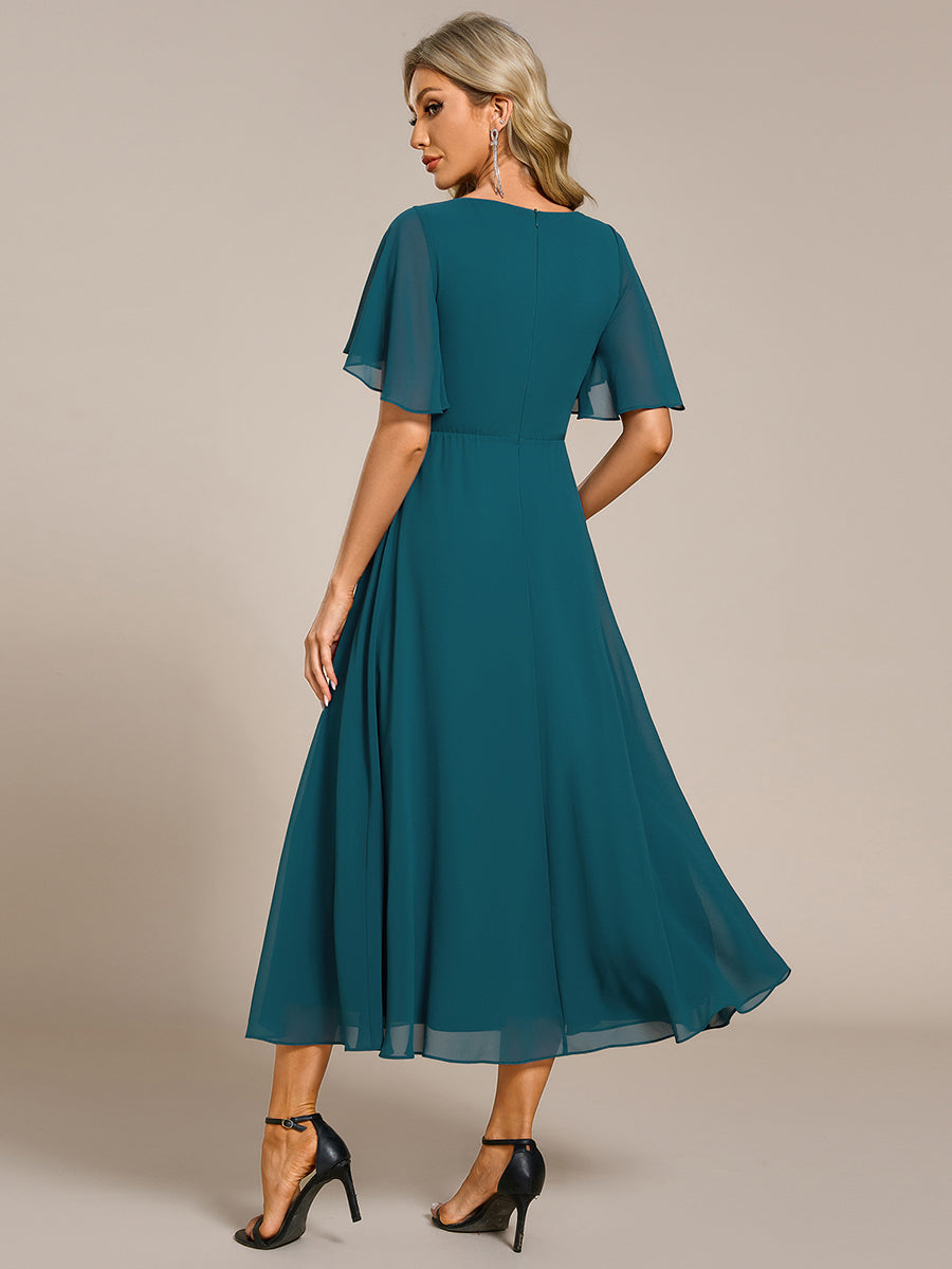 Midi Länge V-Ausschnitt A-Linie Chiffon Kleid Mit Applikationen Und Raffung Details Kleid #Farbe_Petrol