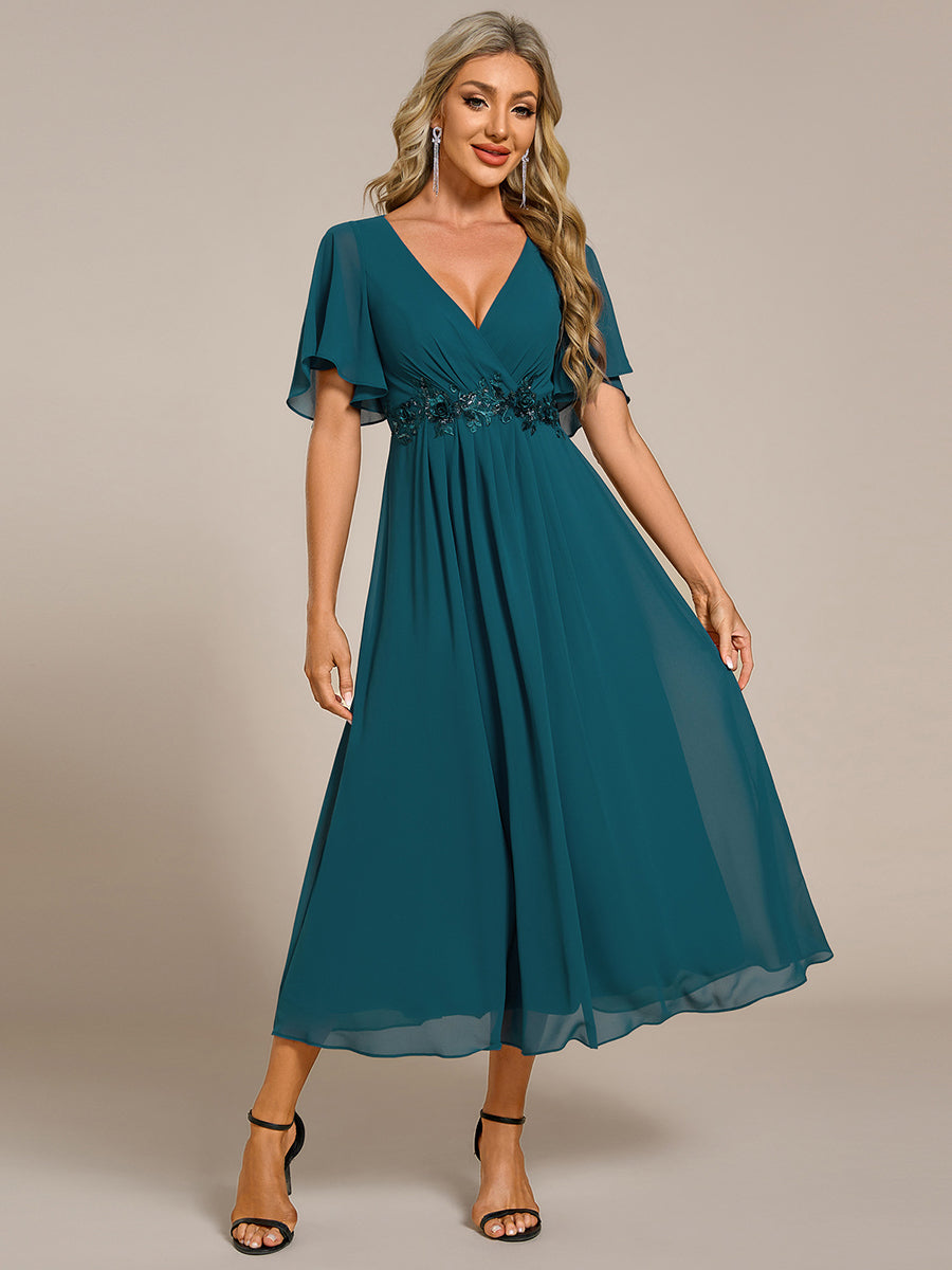 Midi Länge V-Ausschnitt A-Linie Chiffon Kleid Mit Applikationen Und Raffung Details Kleid #Farbe_Petrol