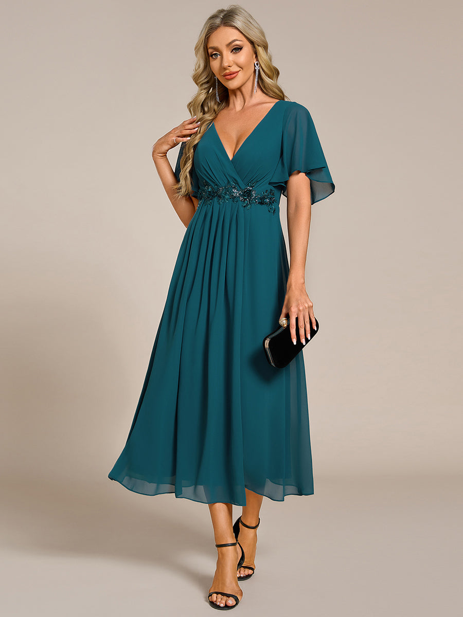 Midi Länge V-Ausschnitt A-Linie Chiffon Kleid Mit Applikationen Und Raffung Details Kleid #Farbe_Petrol