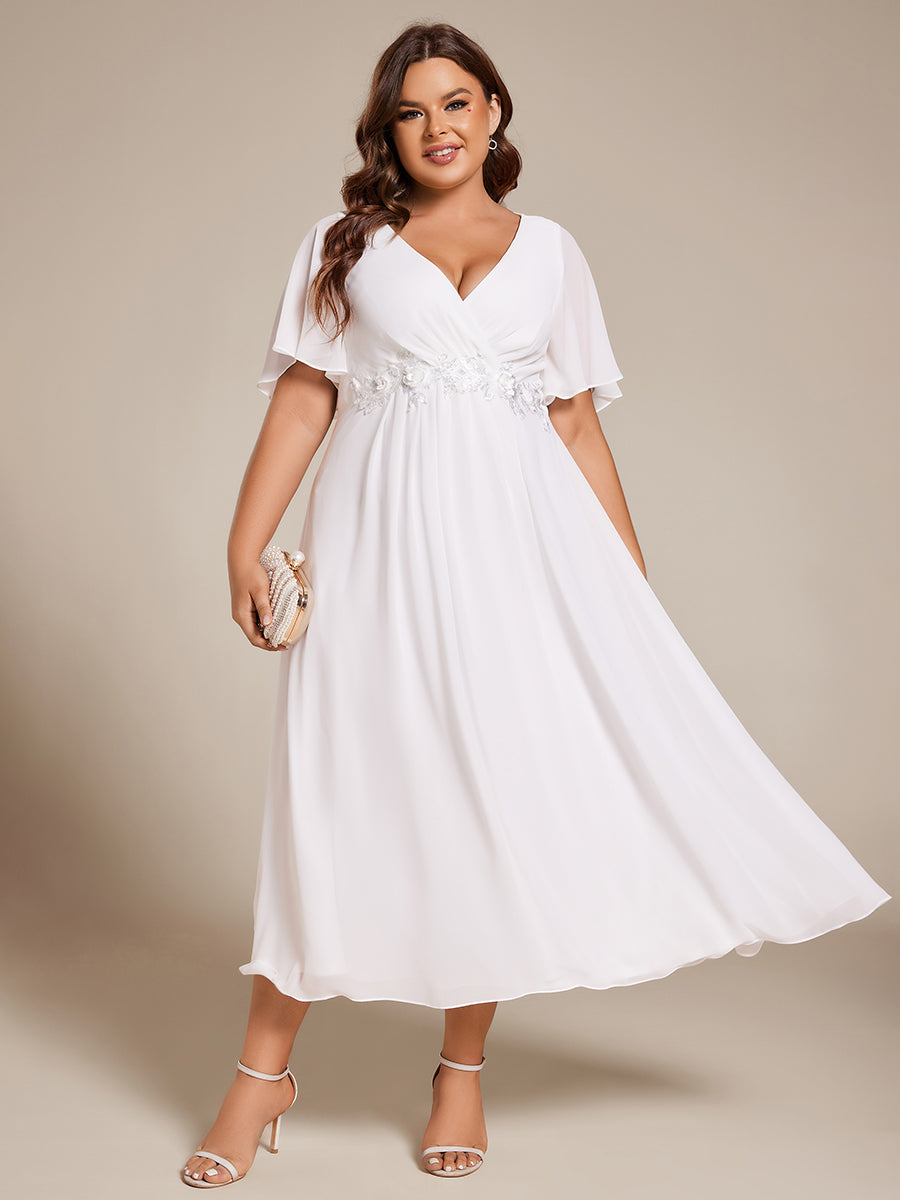 Midi Länge V-Ausschnitt A-Linie Chiffon Kleid Mit Applikationen Und Raffung Details Kleid #Farbe_Weiß