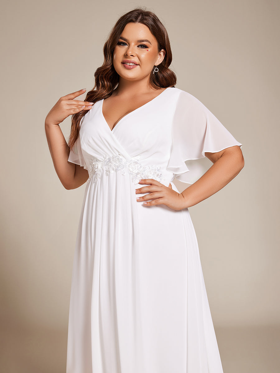 Midi Länge V-Ausschnitt A-Linie Chiffon Kleid Mit Applikationen Und Raffung Details Kleid #Farbe_Weiß