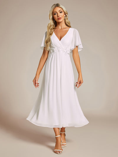 Midi Länge V-Ausschnitt A-Linie Chiffon Kleid Mit Applikationen Und Raffung Details Kleid #Farbe_Weiß