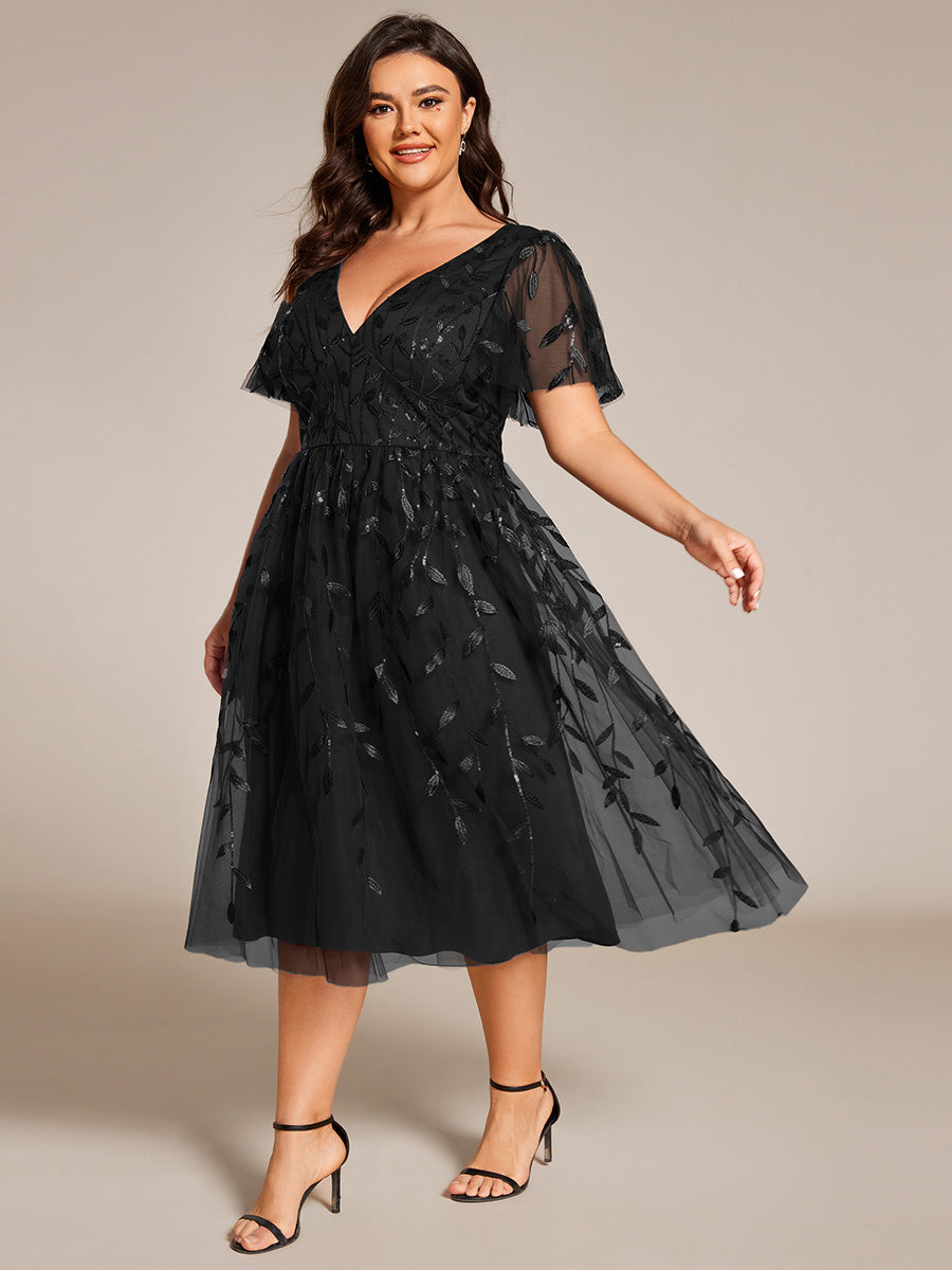 Midi Länge V-Ausschnitt A-Linie Pailletten Kleid Mit Besticktem Blumenmuster Und Gerafften Details #Farbe_Schwarz