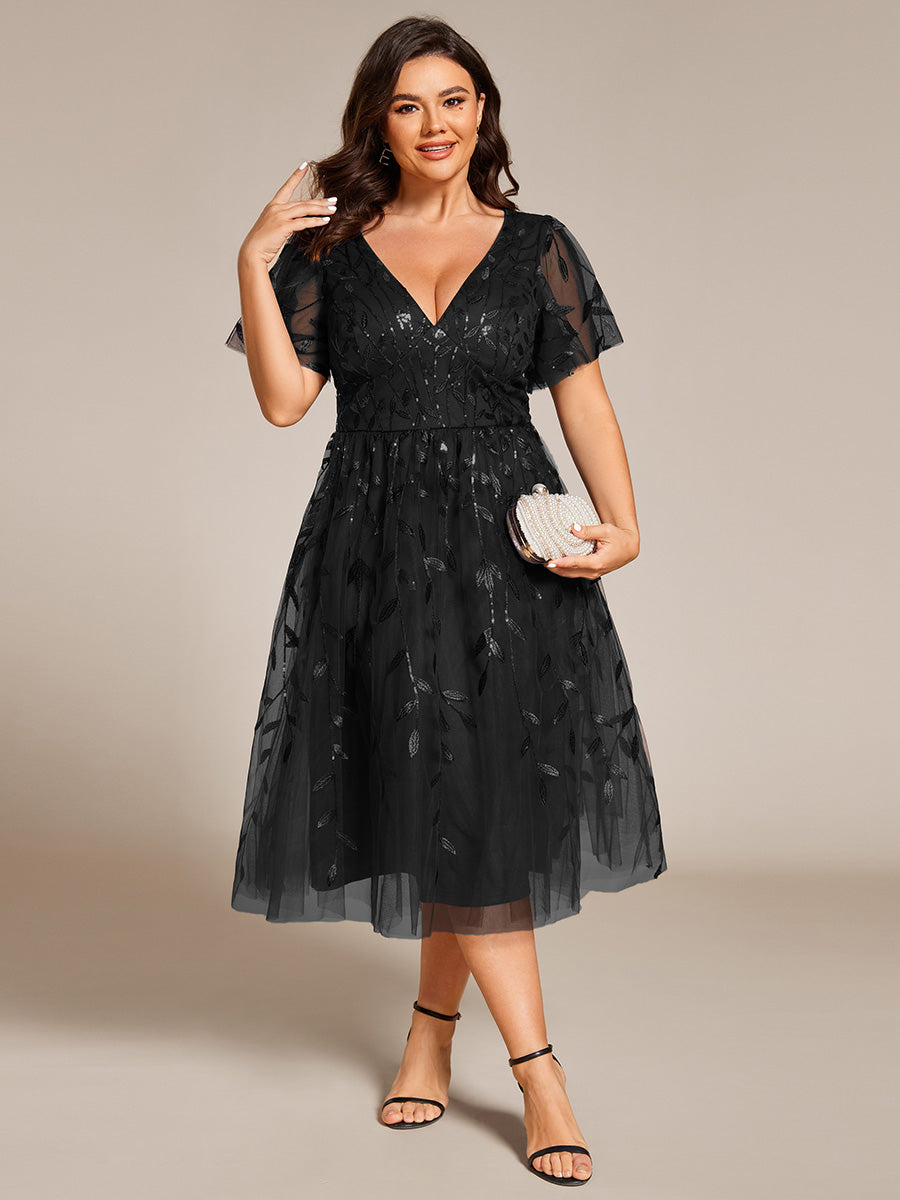 Midi Länge V-Ausschnitt A-Linie Pailletten Kleid Mit Besticktem Blumenmuster Und Gerafften Details #Farbe_Schwarz