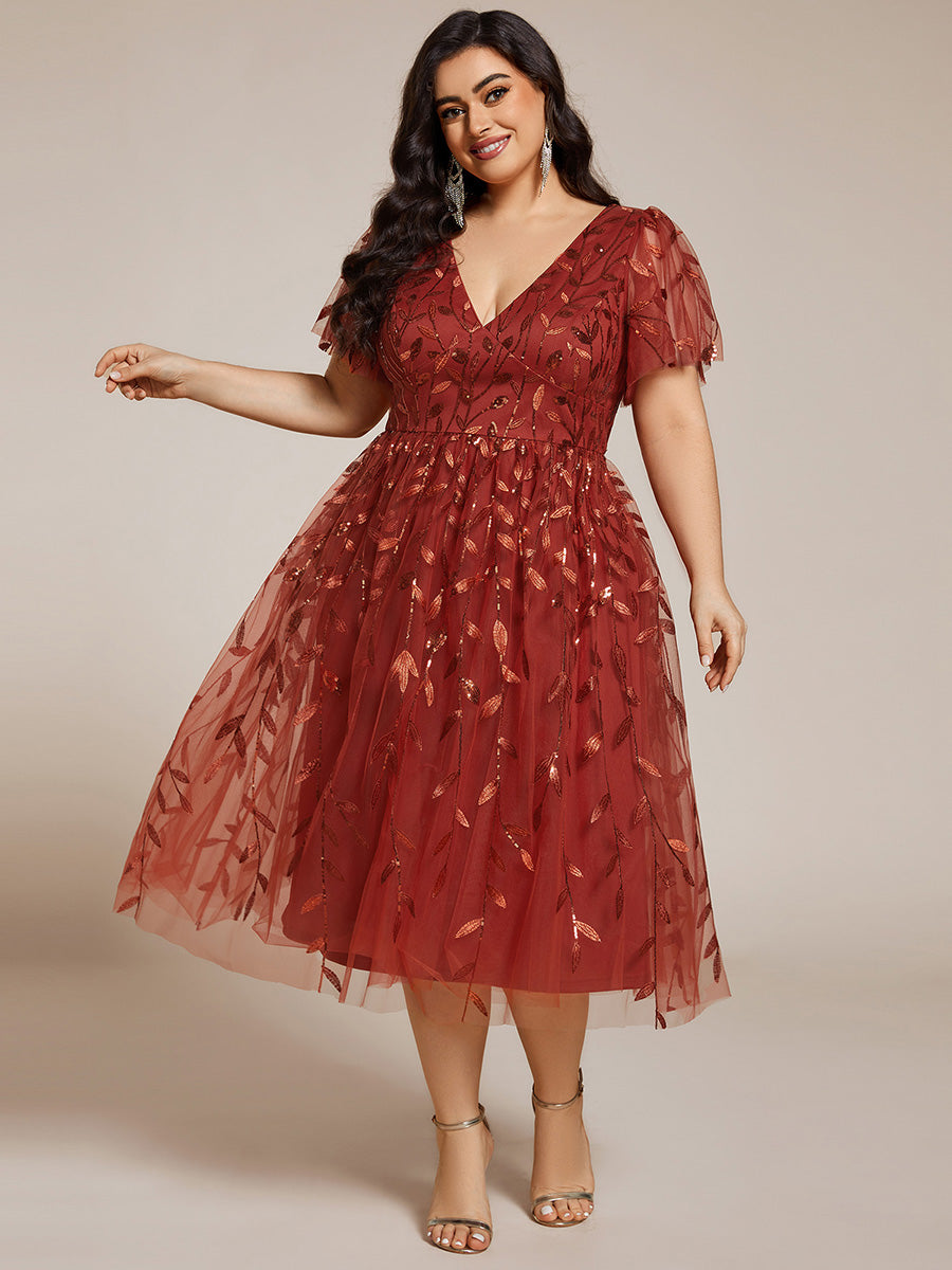 Midi Länge V-Ausschnitt A-Linie Pailletten Kleid Mit Besticktem Blumenmuster Und Gerafften Details #Farbe_Gebranntes Orange