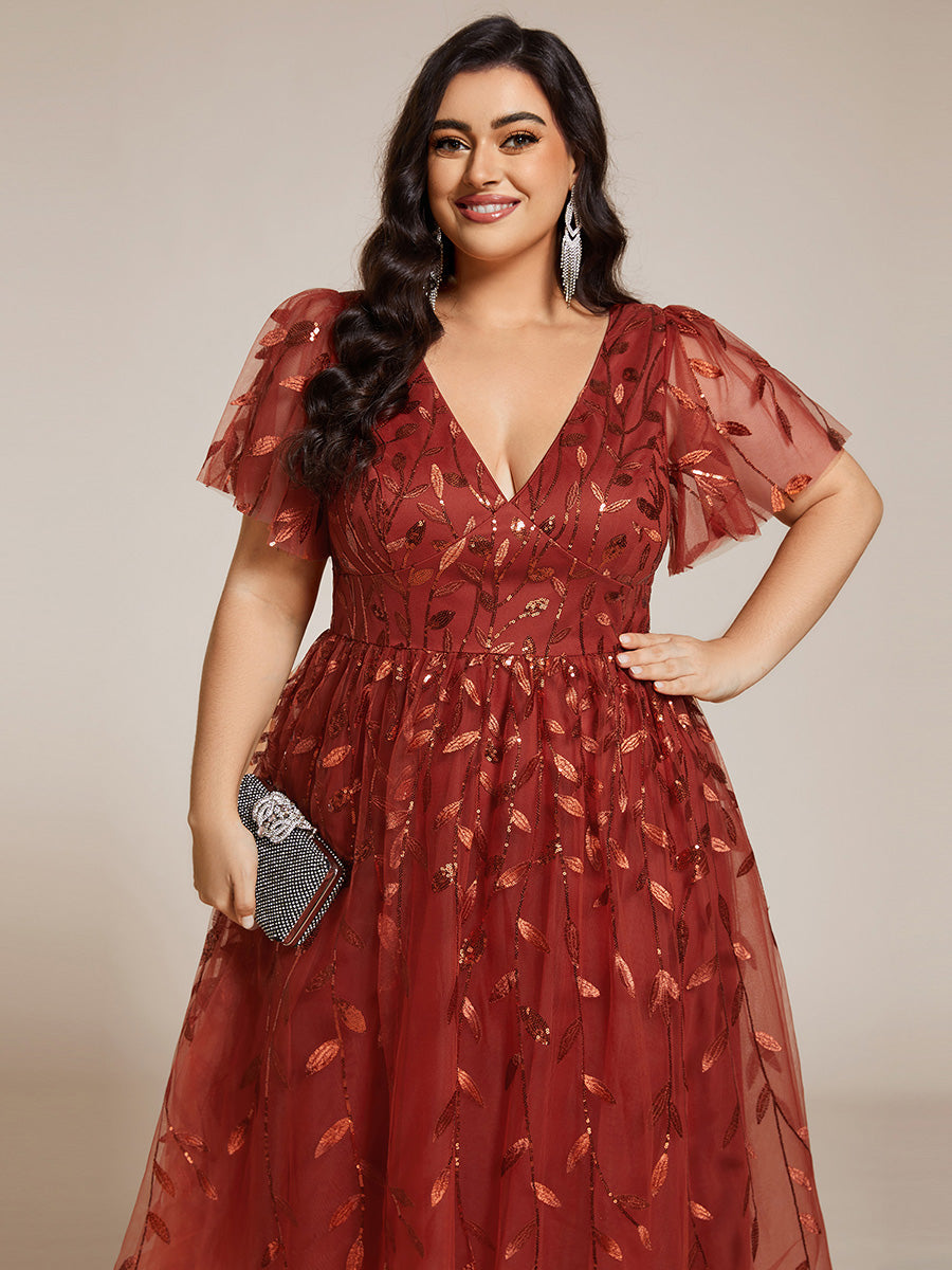 Midi Länge V-Ausschnitt A-Linie Pailletten Kleid Mit Besticktem Blumenmuster Und Gerafften Details #Farbe_Gebranntes Orange