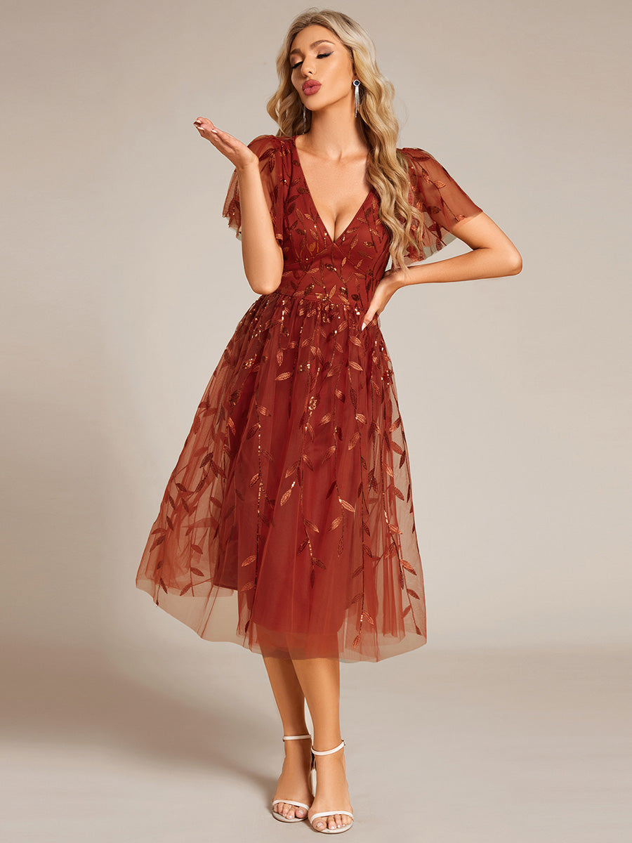 Midi Länge V-Ausschnitt A-Linie Pailletten Kleid Mit Besticktem Blumenmuster Und Gerafften Details #Farbe_Gebranntes Orange