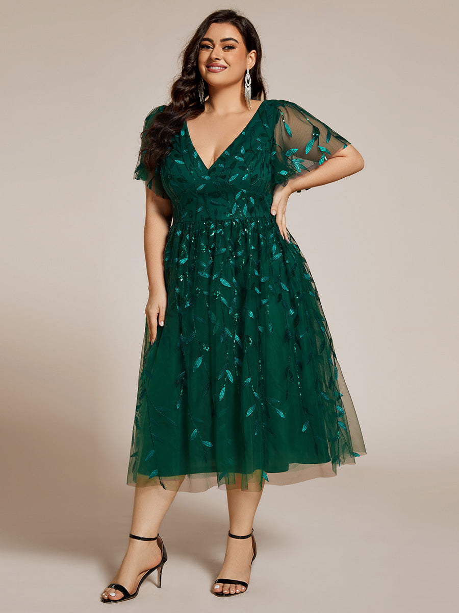 Midi Länge V-Ausschnitt A-Linie Pailletten Kleid Mit Besticktem Blumenmuster Und Gerafften Details #Farbe_Dunkelgrün