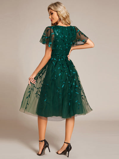 Midi Länge V-Ausschnitt A-Linie Pailletten Kleid Mit Besticktem Blumenmuster Und Gerafften Details #Farbe_Dunkelgrün