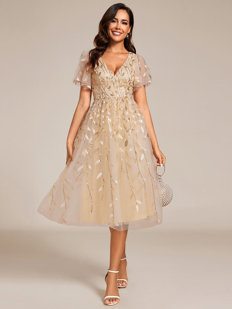 Midi Länge V-Ausschnitt A-Linie Pailletten Kleid Mit Besticktem Blumenmuster Und Gerafften Details #Farbe_Gold