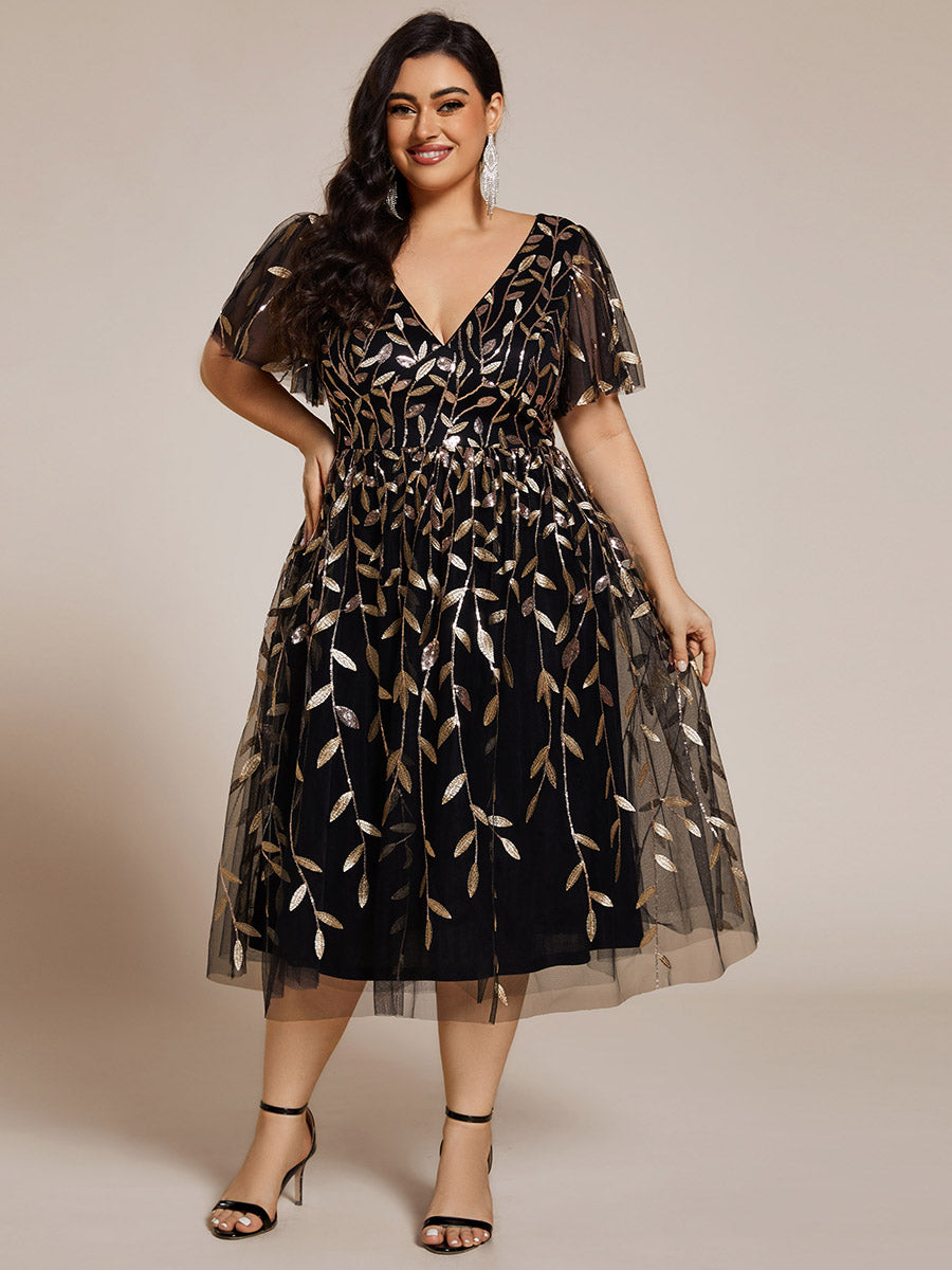 Midi Länge V-Ausschnitt A-Linie Pailletten Kleid Mit Besticktem Blumenmuster Und Gerafften Details #Farbe_Schwarz & Gold