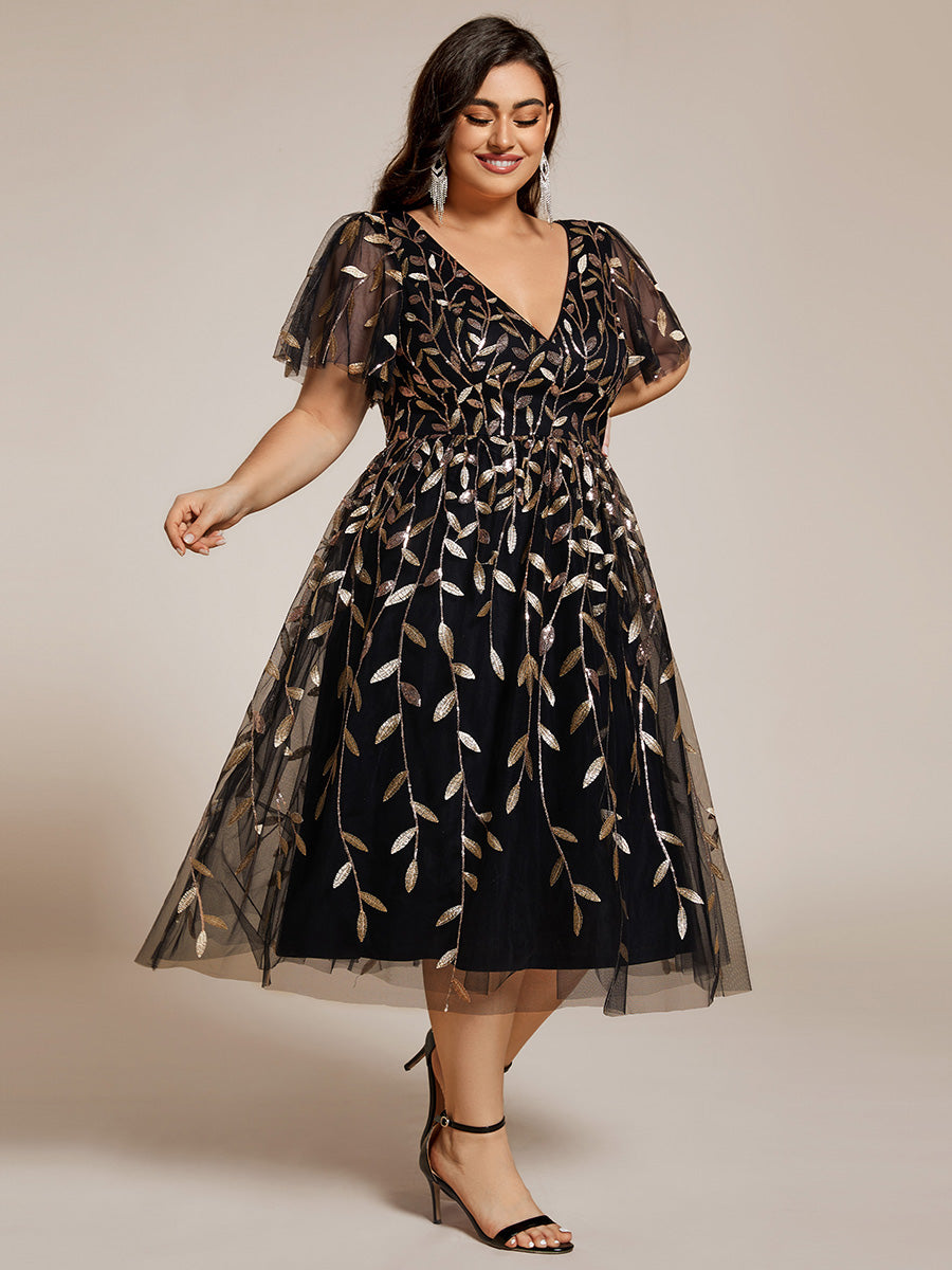 Midi Länge V-Ausschnitt A-Linie Pailletten Kleid Mit Besticktem Blumenmuster Und Gerafften Details #Farbe_Schwarz & Gold