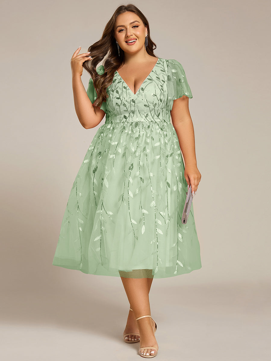 Midi Länge V-Ausschnitt A-Linie Pailletten Kleid Mit Besticktem Blumenmuster Und Gerafften Details #Farbe_Mintgrün