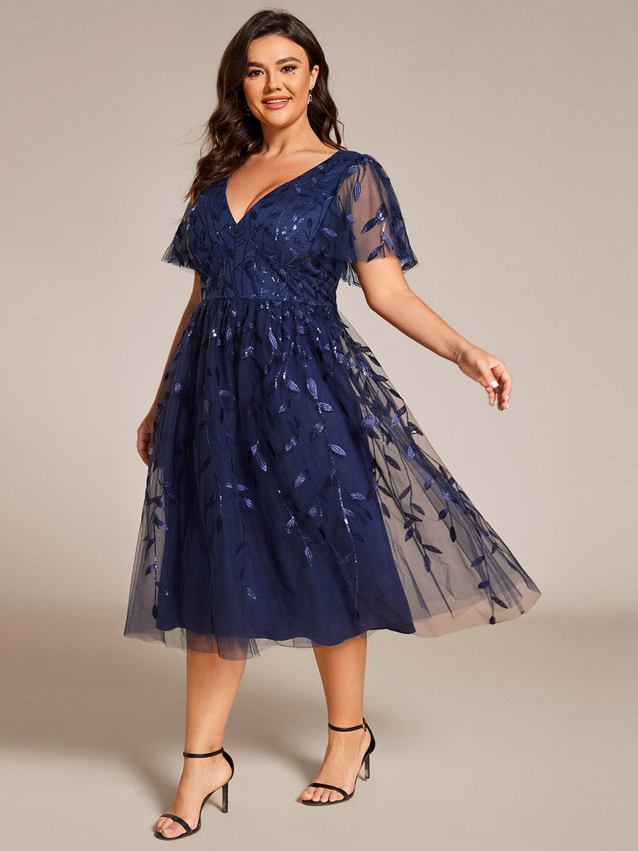 Midi Länge V-Ausschnitt A-Linie Pailletten Kleid Mit Besticktem Blumenmuster Und Gerafften Details #Farbe_Marineblau