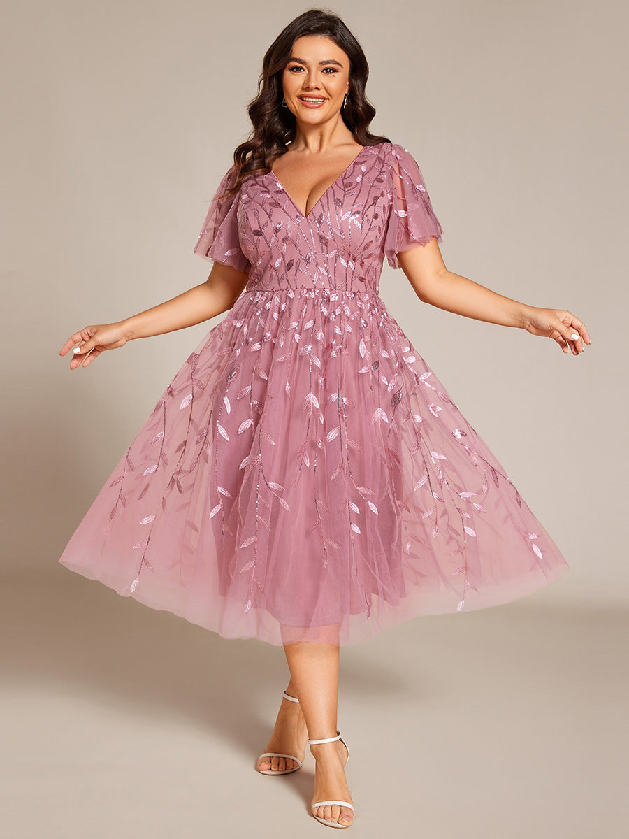 Midi Länge V-Ausschnitt A-Linie Pailletten Kleid Mit Besticktem Blumenmuster Und Gerafften Details #Farbe_Orchideenviolett
