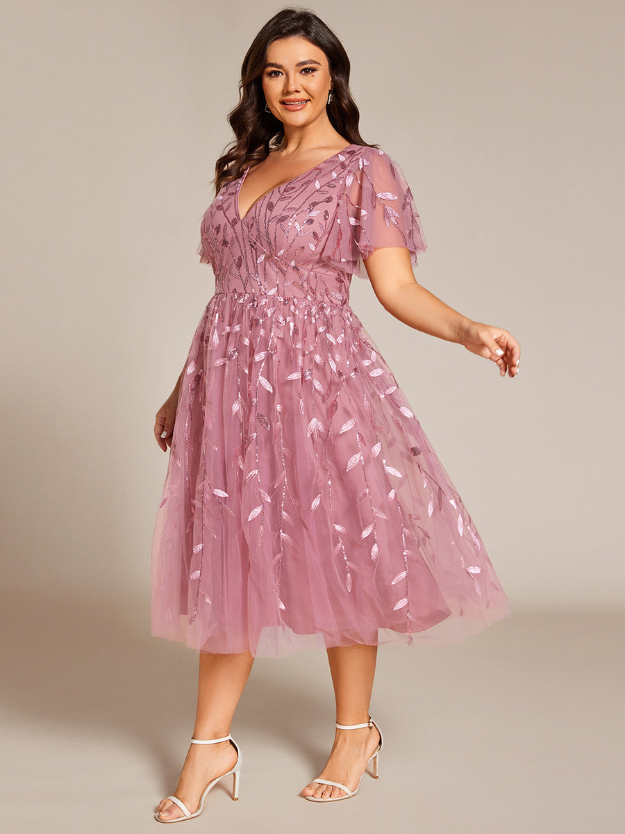 Midi Länge V-Ausschnitt A-Linie Pailletten Kleid Mit Besticktem Blumenmuster Und Gerafften Details #Farbe_Orchideenviolett