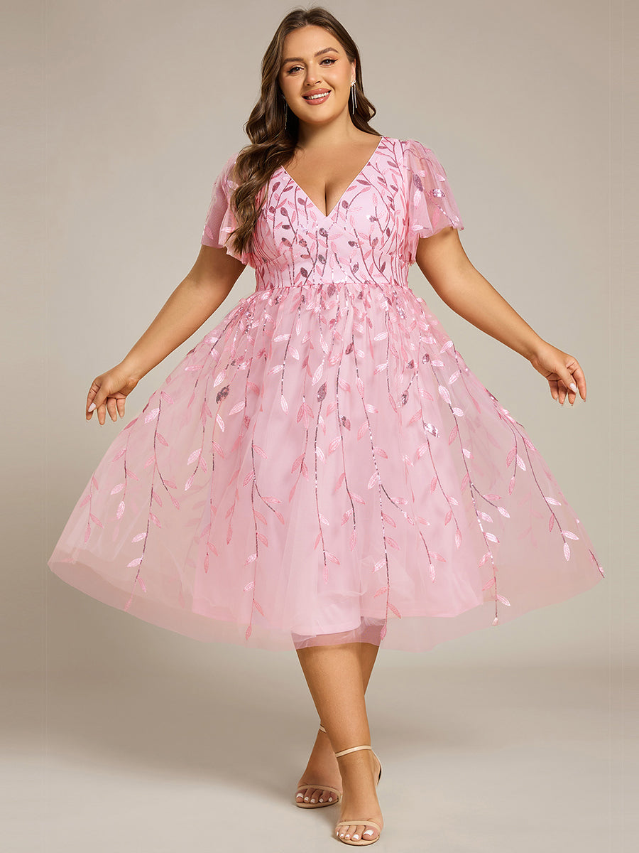 Midi Länge V-Ausschnitt A-Linie Pailletten Kleid Mit Besticktem Blumenmuster Und Gerafften Details #Farbe_Rosa