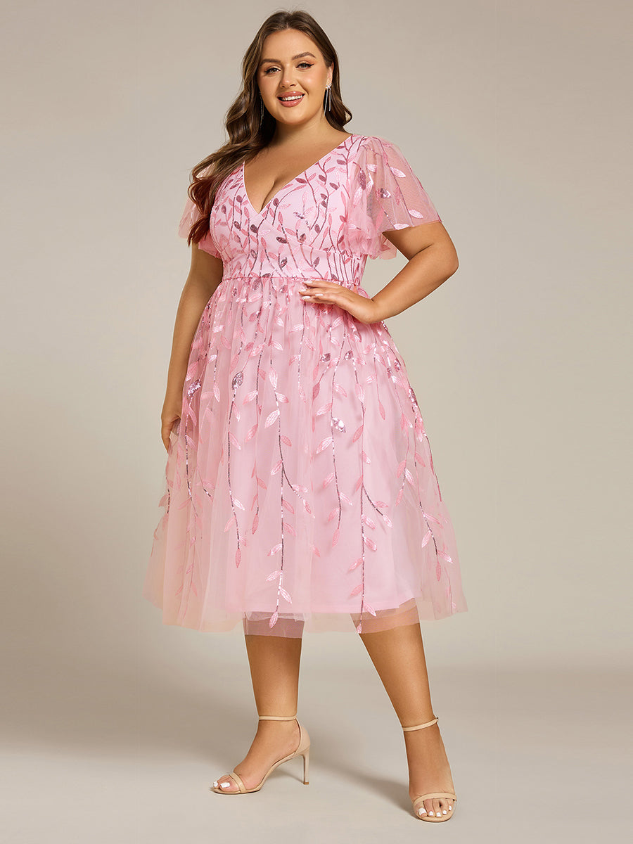 Midi Länge V-Ausschnitt A-Linie Pailletten Kleid Mit Besticktem Blumenmuster Und Gerafften Details #Farbe_Rosa