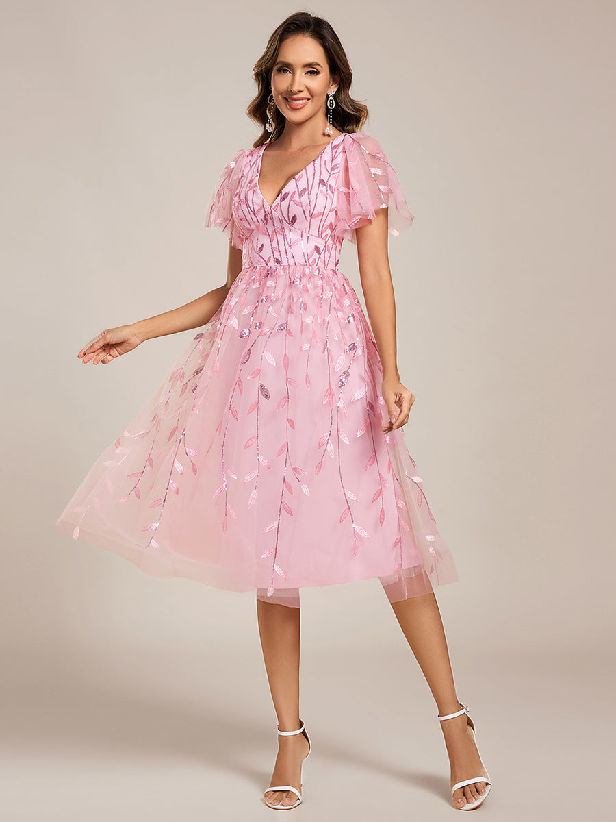 Midi Länge V-Ausschnitt A-Linie Pailletten Kleid Mit Besticktem Blumenmuster Und Gerafften Details #Farbe_Rosa