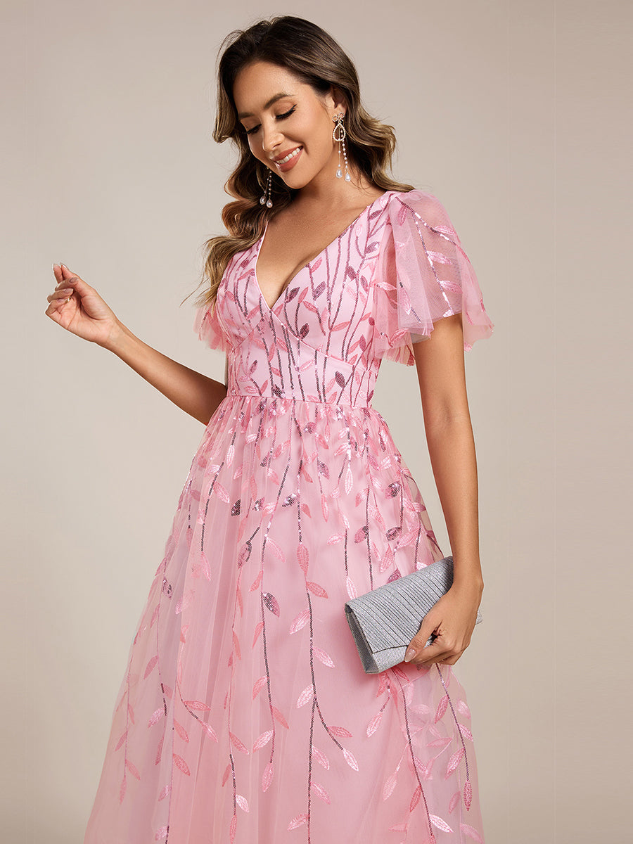 Midi Länge V-Ausschnitt A-Linie Pailletten Kleid Mit Besticktem Blumenmuster Und Gerafften Details #Farbe_Rosa
