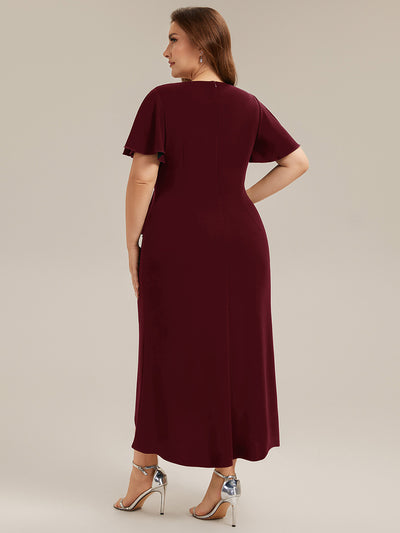 Asymmetrischer Saum V Neck Bodycon Kleid Aus Krepp Mit Tiefem V Ausschnitt Und Hohem Schlitz #Farbe_Burgunderrot