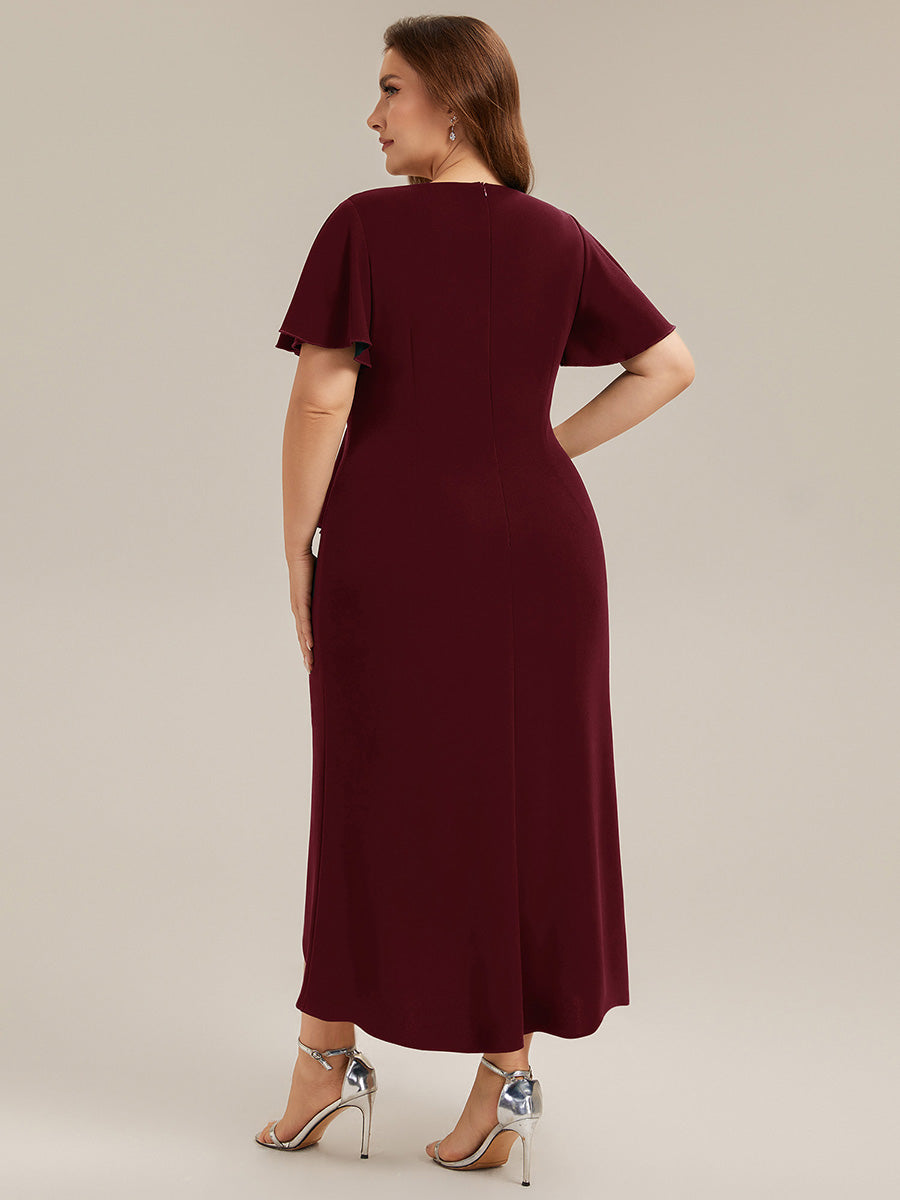 Asymmetrischer Saum V Neck Bodycon Kleid Aus Krepp Mit Tiefem V Ausschnitt Und Hohem Schlitz #Farbe_Burgunderrot