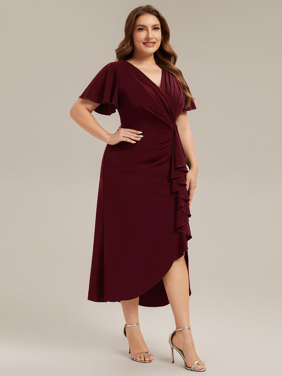 Asymmetrischer Saum V Neck Bodycon Kleid Aus Krepp Mit Tiefem V Ausschnitt Und Hohem Schlitz #Farbe_Burgunderrot