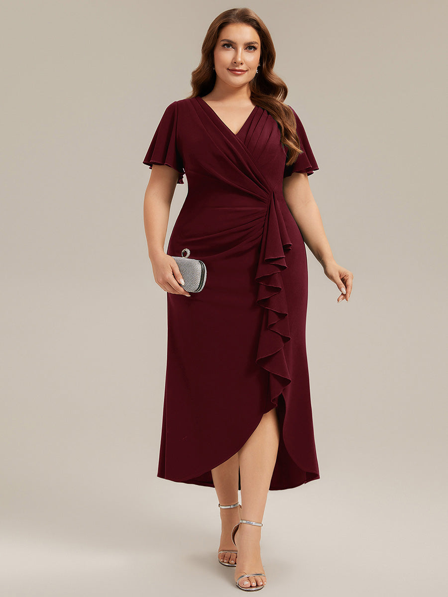Asymmetrischer Saum V Neck Bodycon Kleid Aus Krepp Mit Tiefem V Ausschnitt Und Hohem Schlitz #Farbe_Burgunderrot