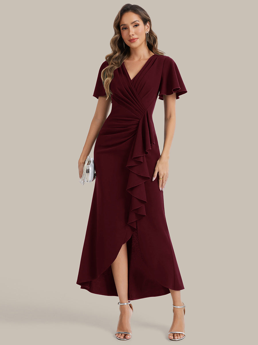 Asymmetrischer Saum V Neck Bodycon Kleid Aus Krepp Mit Tiefem V Ausschnitt Und Hohem Schlitz #Farbe_Burgunderrot