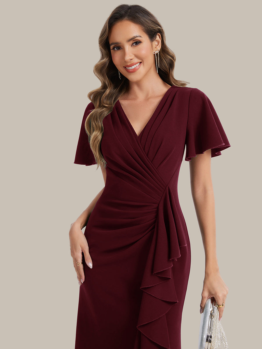 Asymmetrischer Saum V Neck Bodycon Kleid Aus Krepp Mit Tiefem V Ausschnitt Und Hohem Schlitz #Farbe_Burgunderrot