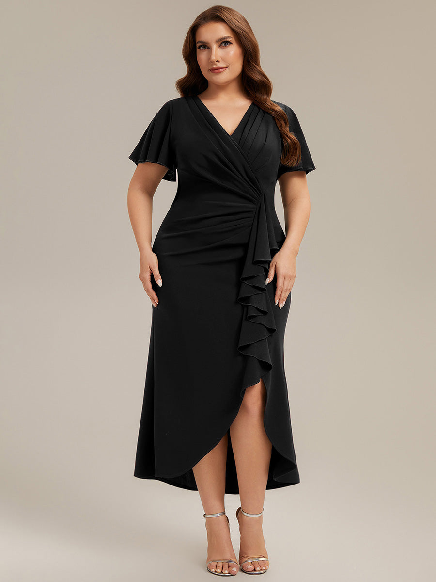 Asymmetrischer Saum V Neck Bodycon Kleid Aus Krepp Mit Tiefem V Ausschnitt Und Hohem Schlitz #Farbe_Schwarz