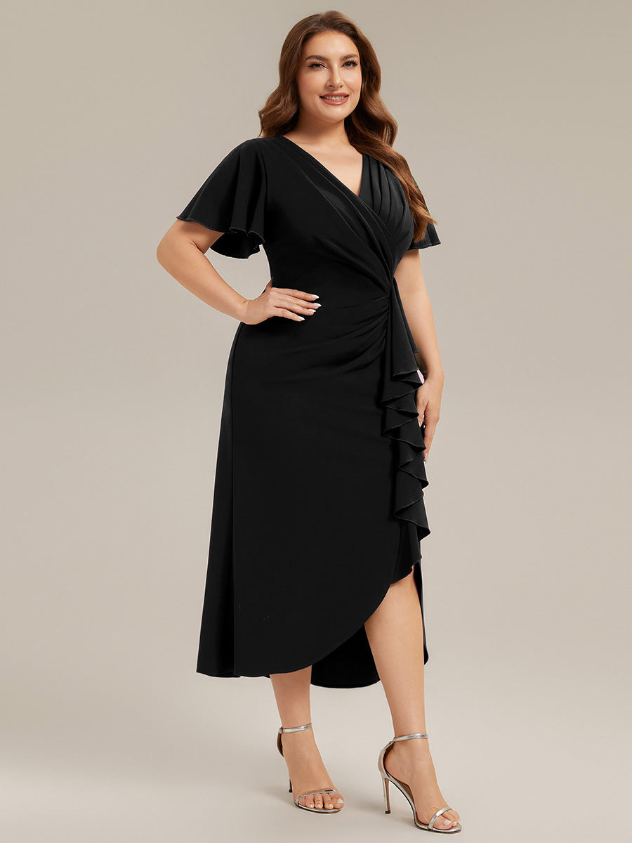 Asymmetrischer Saum V Neck Bodycon Kleid Aus Krepp Mit Tiefem V Ausschnitt Und Hohem Schlitz #Farbe_Schwarz